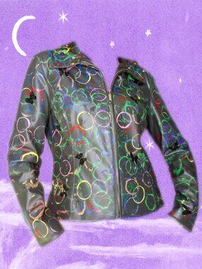 Vegan Leather Jacket with Eclectic Multicolor  Art Hobo Chic Edgy OOAK Unique